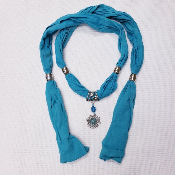 Turquoise blue linen drop pendant neck scarf - Picture 1 of 4